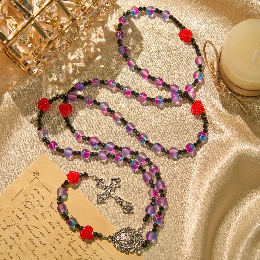 Mistico, opaco, rosario viola-blu con rose rosse e medaglia miracolosa della benedizione