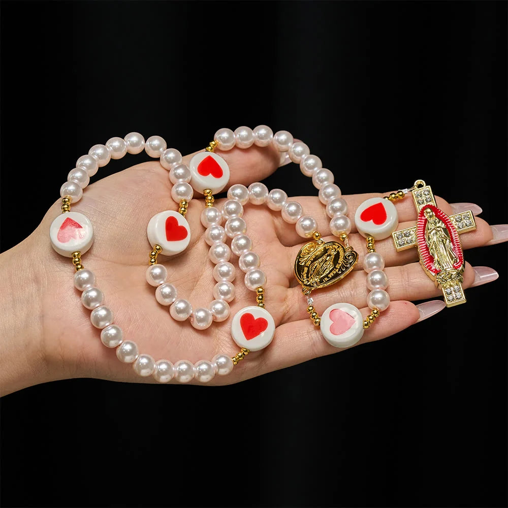 Amore e fede Rosario rosa con grazioso centro della Madonna e croce