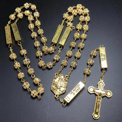 Rosario con immagine della Madonna di Fatima e crocifisso, rotondo, 8 mm, in lega metallica dorata e pietre preziose
