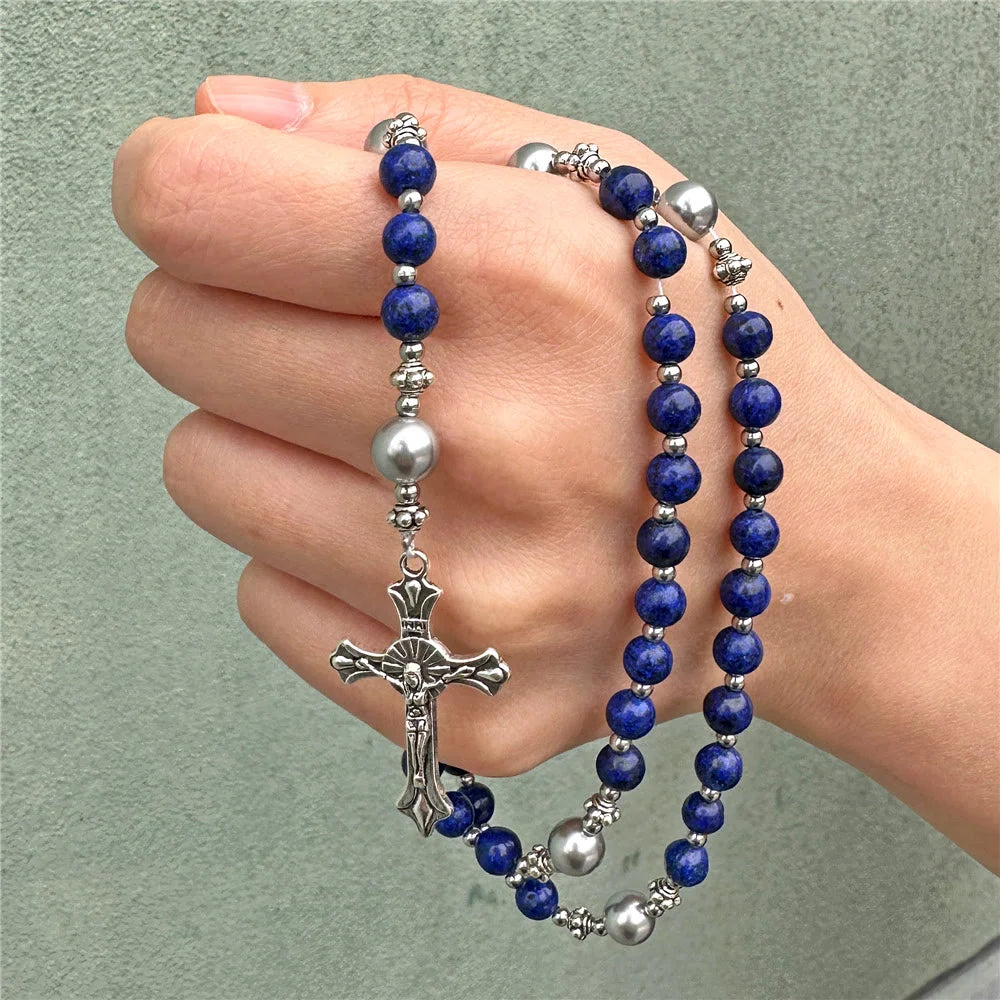 Pietra naturale e perla Medaglietta della Madonna Rosario di preghiera