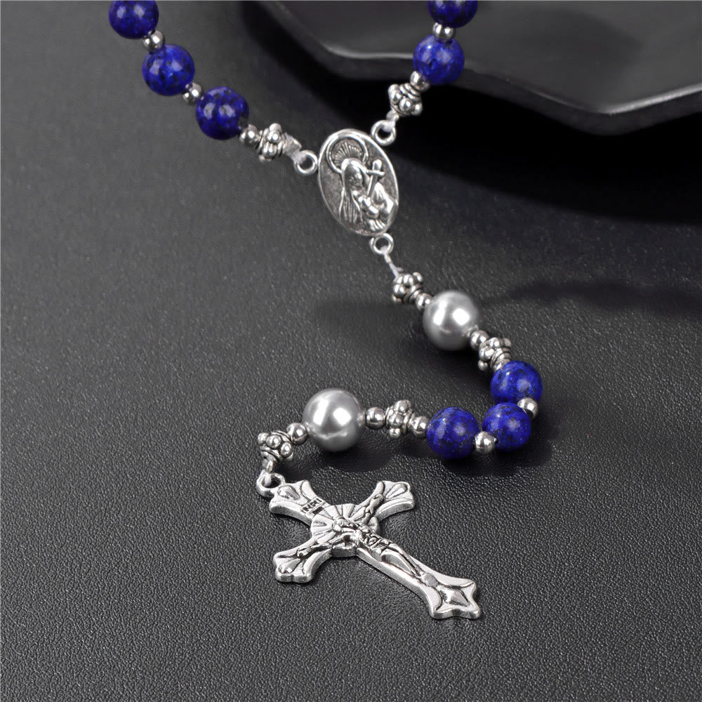 Pietra naturale e perla Medaglietta della Madonna Rosario di preghiera