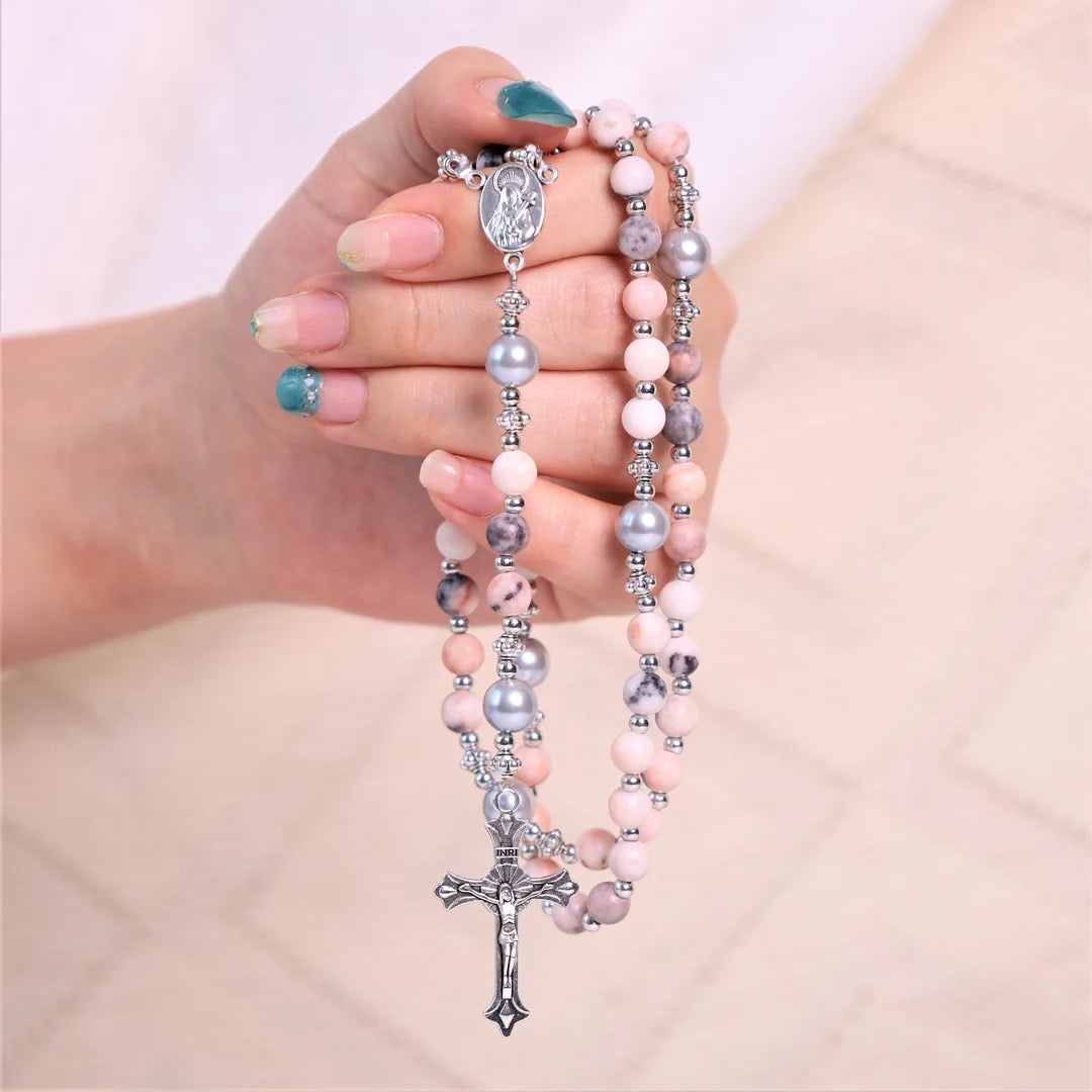 Pietra naturale e perla Medaglietta della Madonna Rosario di preghiera