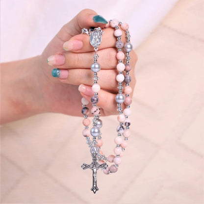 Pietra naturale e perla Medaglietta della Madonna Rosario di preghiera