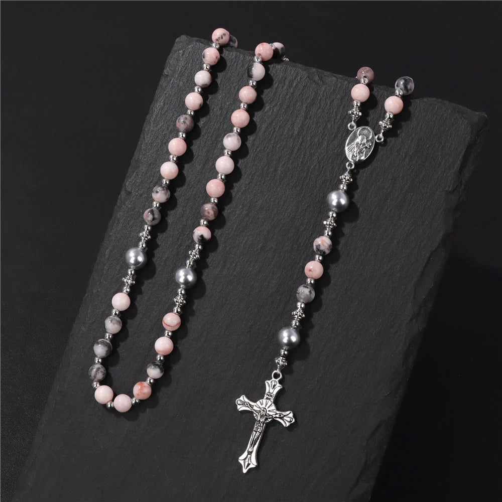 Pietra naturale e perla Medaglietta della Madonna Rosario di preghiera