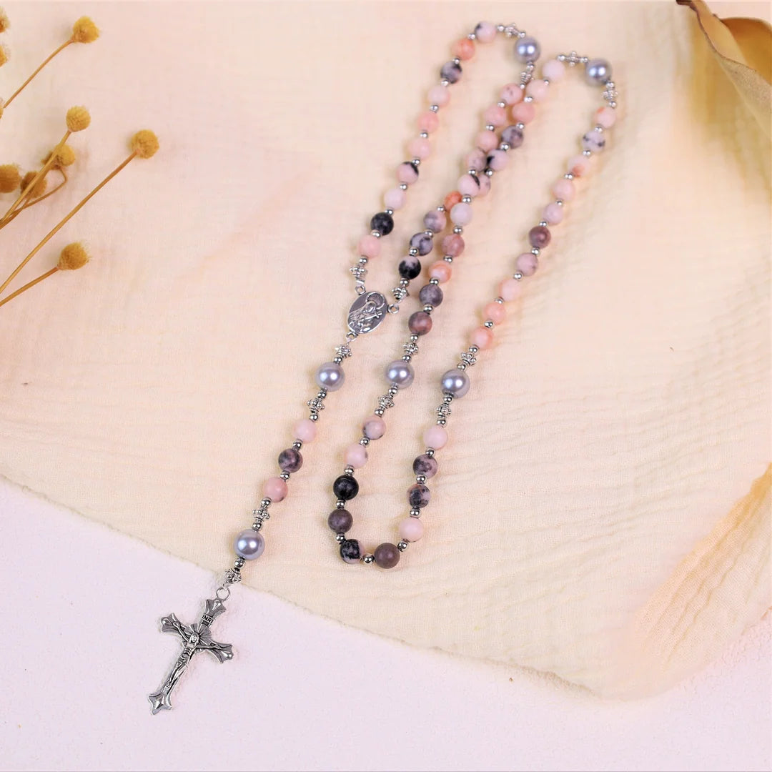 Pietra naturale e perla Medaglietta della Madonna Rosario di preghiera