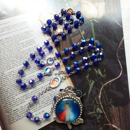 Rosario con catenella in lega e grani di cristallo blu, sfaccettati, Madonna di Fatima e Sacro Cuore di Gesù, 6 mm