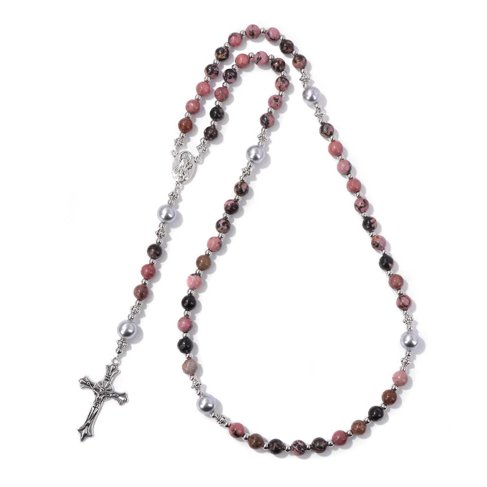 Pietra naturale e perla Medaglietta della Madonna Rosario di preghiera