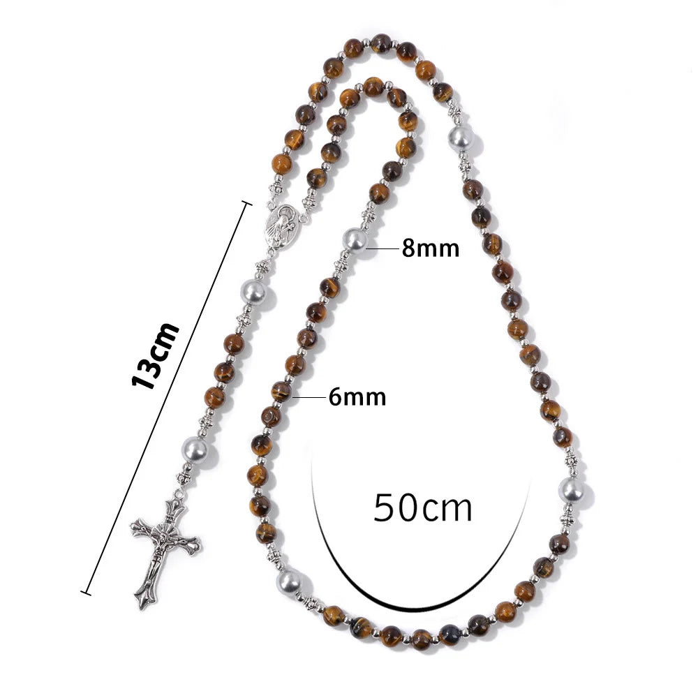 Pietra naturale e perla Medaglietta della Madonna Rosario di preghiera