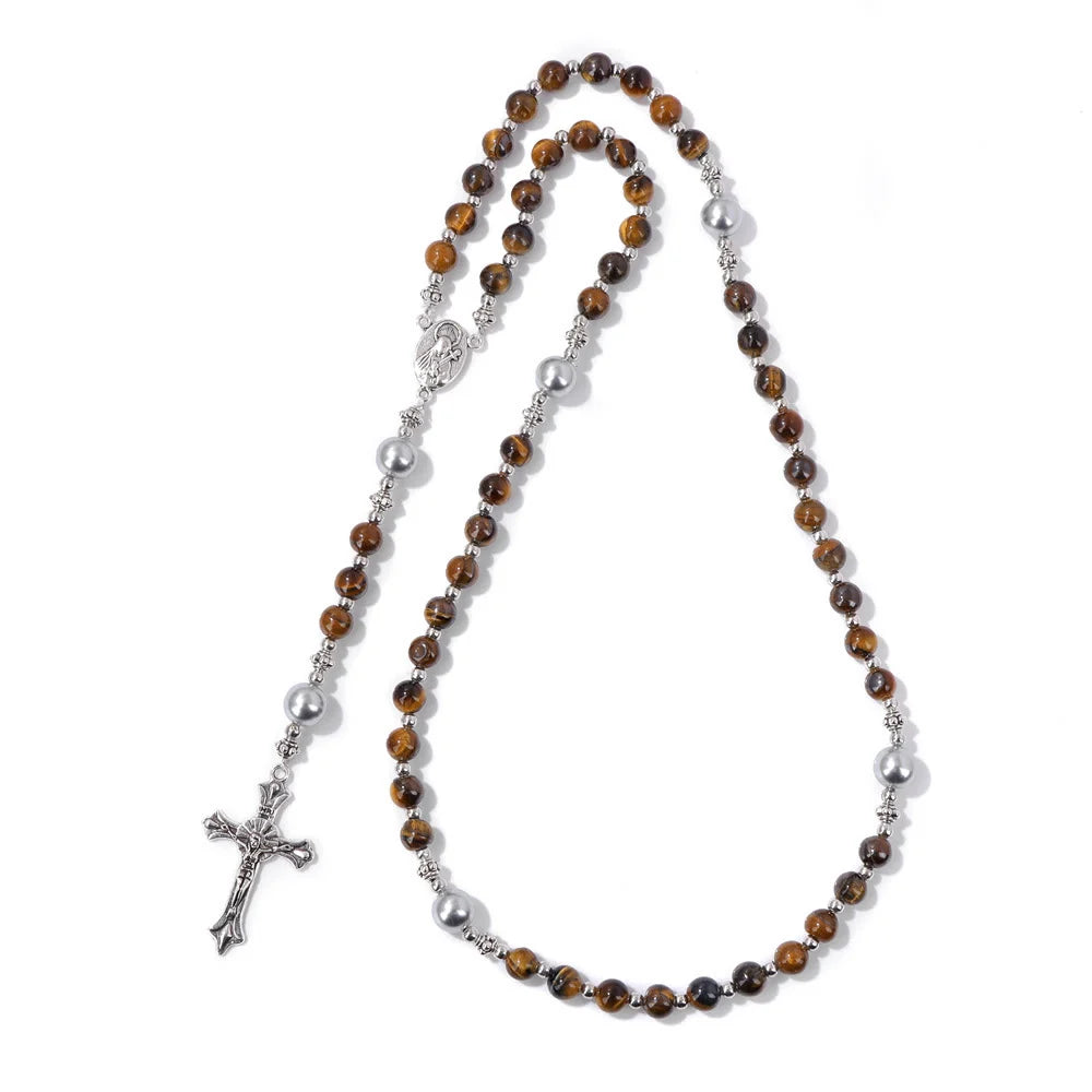 Pietra naturale e perla Medaglietta della Madonna Rosario di preghiera