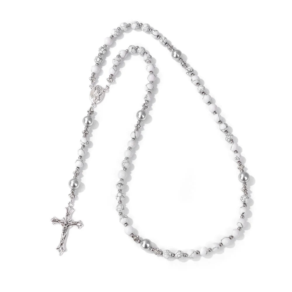 Pietra naturale e perla Medaglietta della Madonna Rosario di preghiera