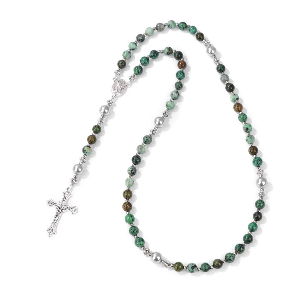 Pietra naturale e perla Medaglietta della Madonna Rosario di preghiera