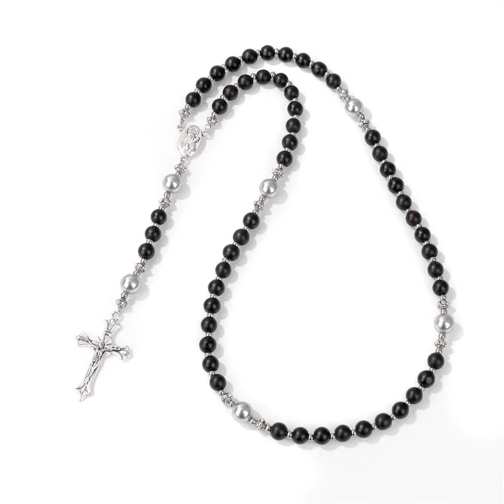 Pietra naturale e perla Medaglietta della Madonna Rosario di preghiera