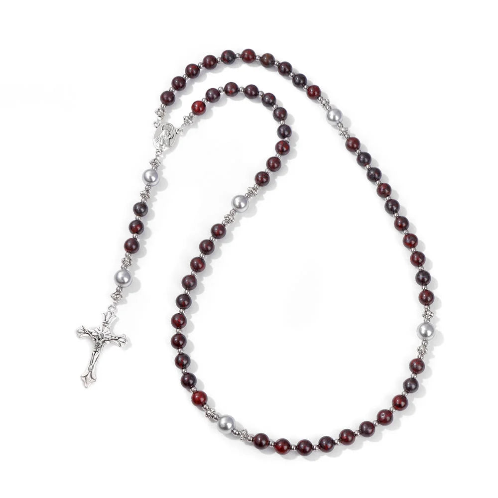 Pietra naturale e perla Medaglietta della Madonna Rosario di preghiera
