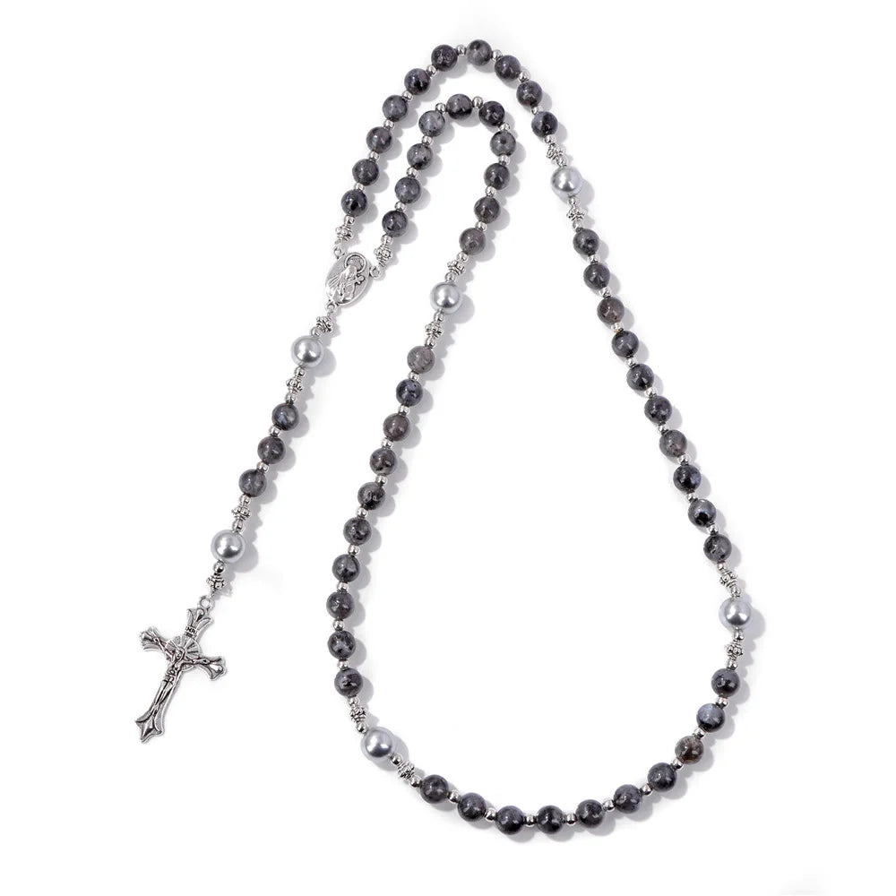 Pietra naturale e perla Medaglietta della Madonna Rosario di preghiera