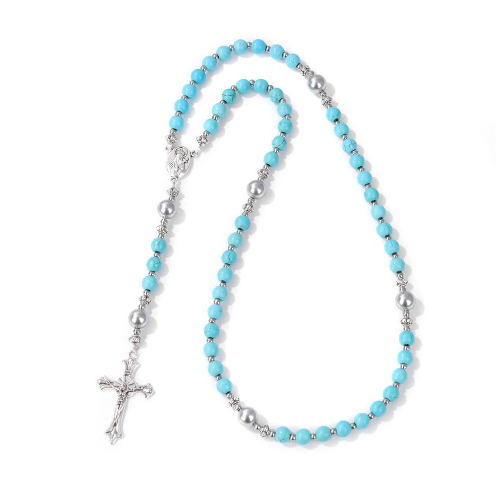 Pietra naturale e perla Medaglietta della Madonna Rosario di preghiera