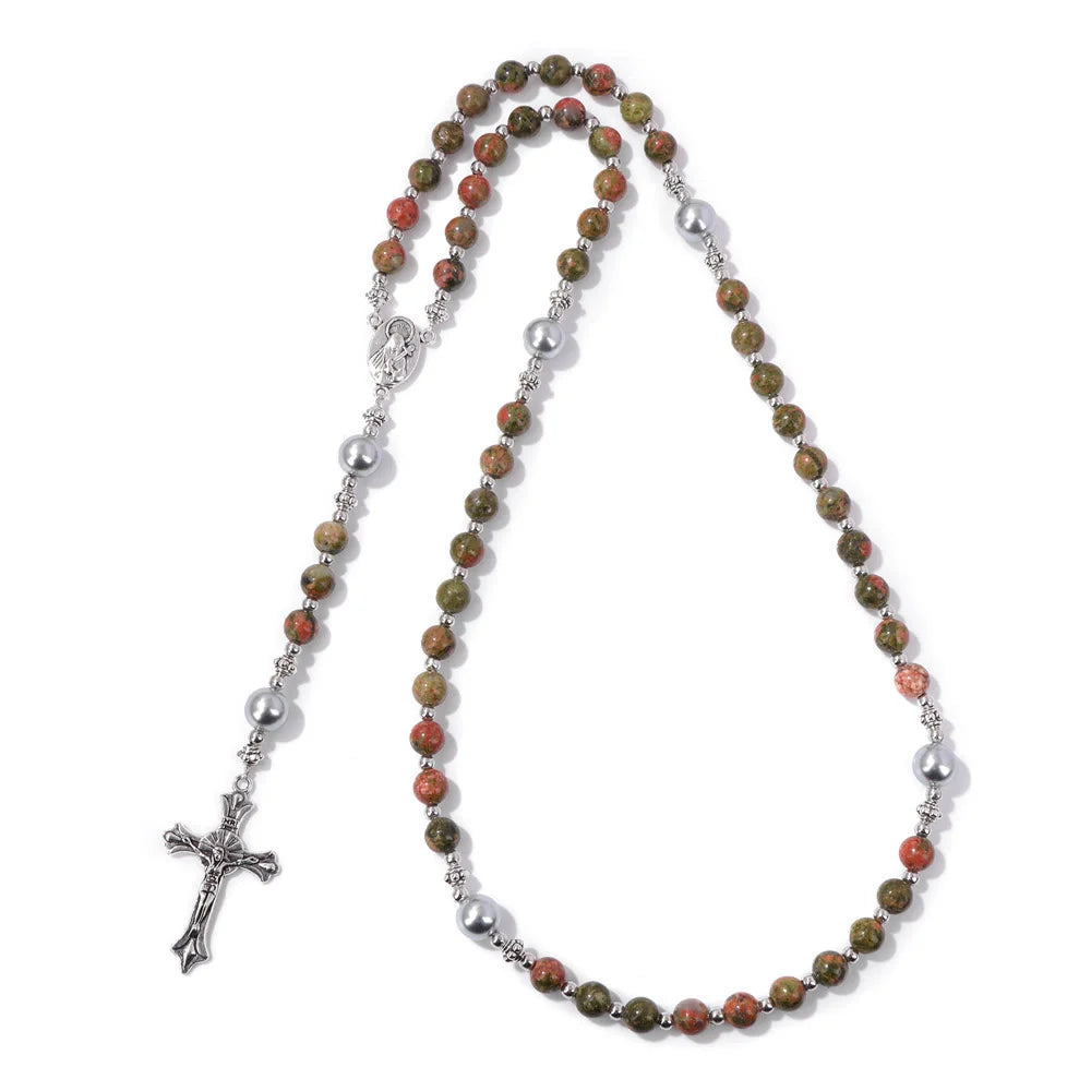 Pietra naturale e perla Medaglietta della Madonna Rosario di preghiera