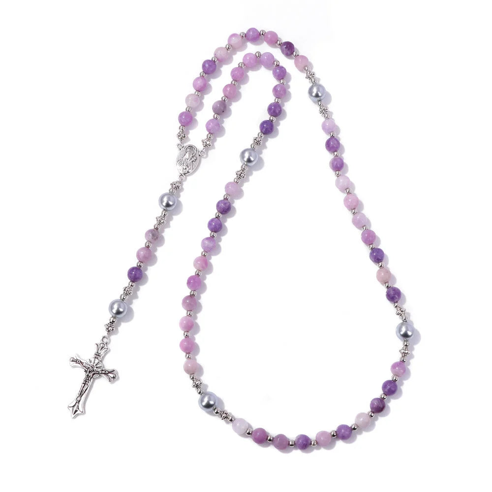 Pietra naturale e perla Medaglietta della Madonna Rosario di preghiera