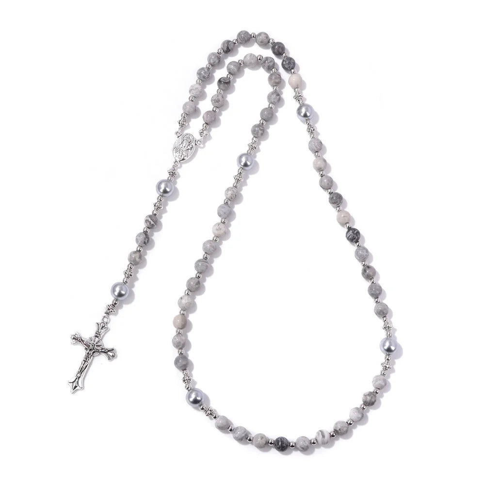 Pietra naturale e perla Medaglietta della Madonna Rosario di preghiera