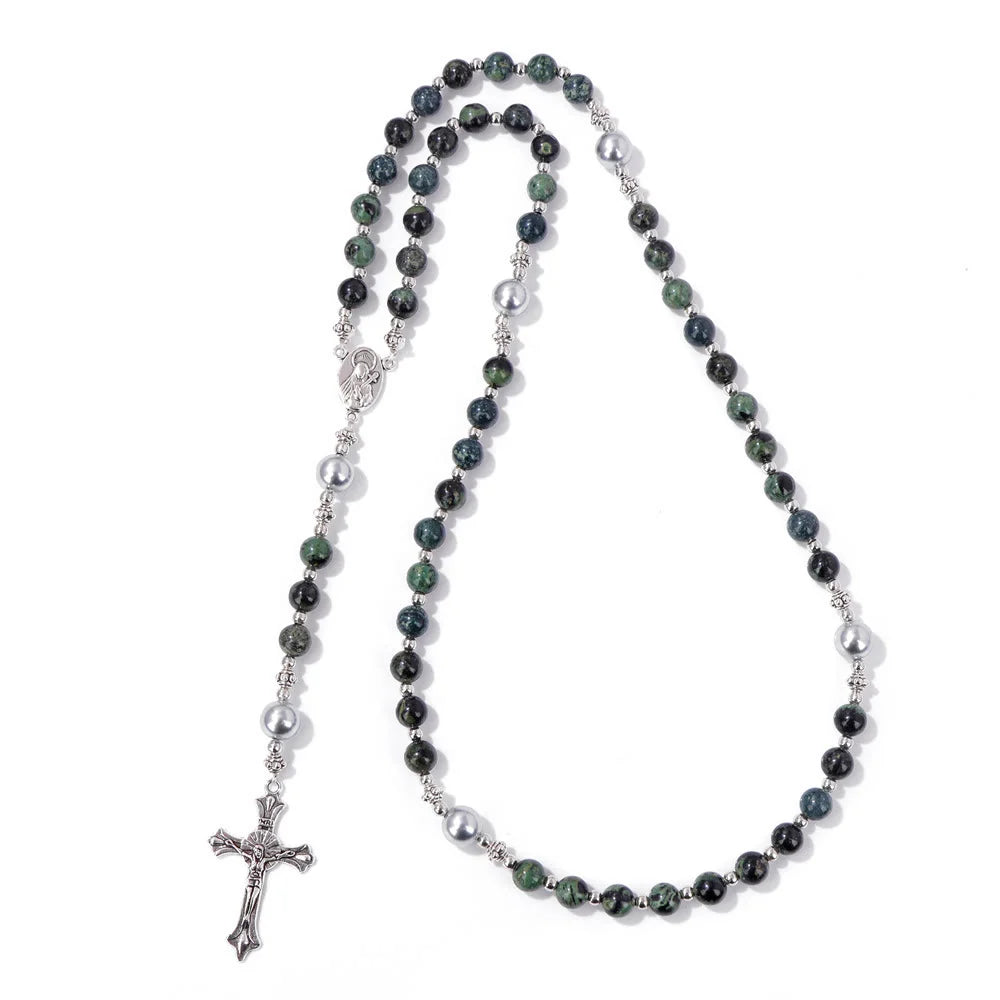 Pietra naturale e perla Medaglietta della Madonna Rosario di preghiera
