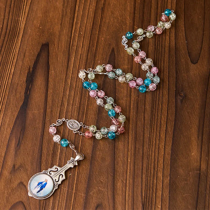 Rosario con catena in lega di metallo e grani in vetro multicolore da 8 mm, con medaglia della Madonna di Fatima e dell'Assunzione di Maria