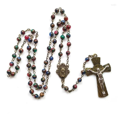 Rosario a catena con la Vergine Maria e Crocifisso, rotondo, multicolore, in lega di pietre, 6 mm