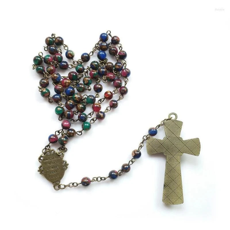 Rosario a catena con la Vergine Maria e Crocifisso, rotondo, multicolore, in lega di pietre, 6 mm