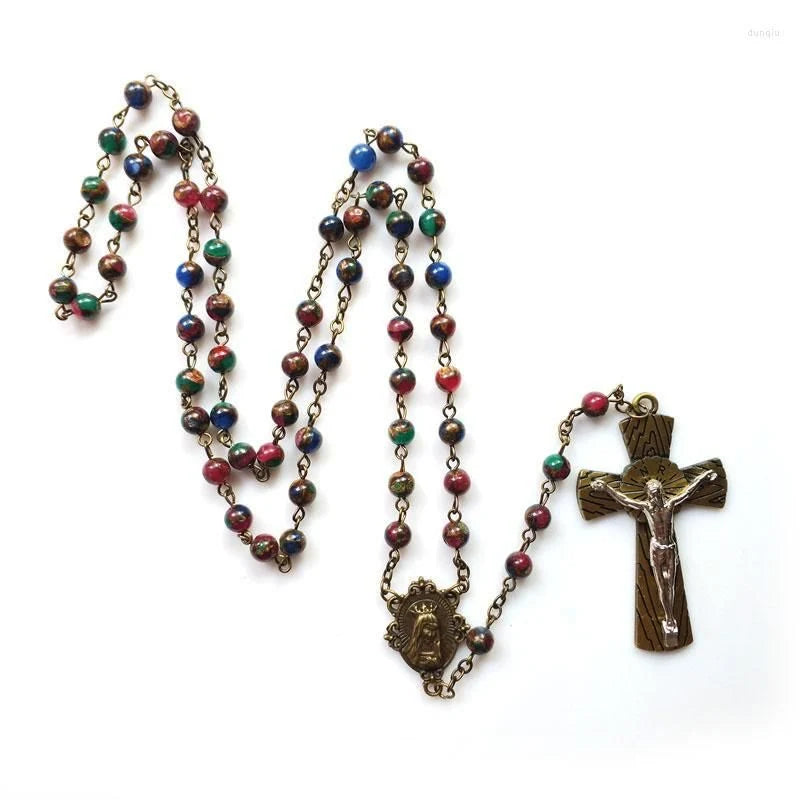 Rosario a catena con la Vergine Maria e Crocifisso, rotondo, multicolore, in lega di pietre, 6 mm