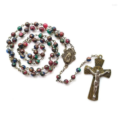 Rosario a catena con la Vergine Maria e Crocifisso, rotondo, multicolore, in lega di pietre, 6 mm