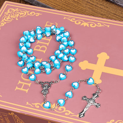 Rosario con catenina in acciaio inossidabile acrilico multicolore con Vergine Maria e Crocifisso a forma di cuore, diametro 6 mm (4 colori)