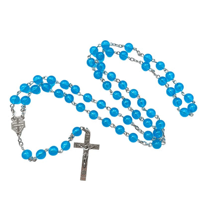 Medaglia di Gerusalemme e Crocifisso con Rosario a catena in acrilico blu rotondo da 8 mm