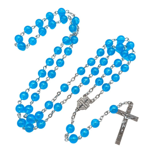 Medaglia di Gerusalemme e Crocifisso con Rosario a catena in acrilico blu rotondo da 8 mm