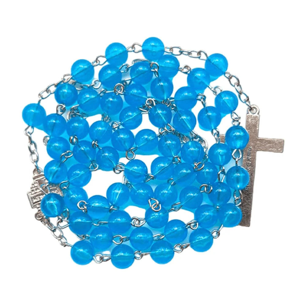 Medaglia di Gerusalemme e Crocifisso con Rosario a catena in acrilico blu rotondo da 8 mm