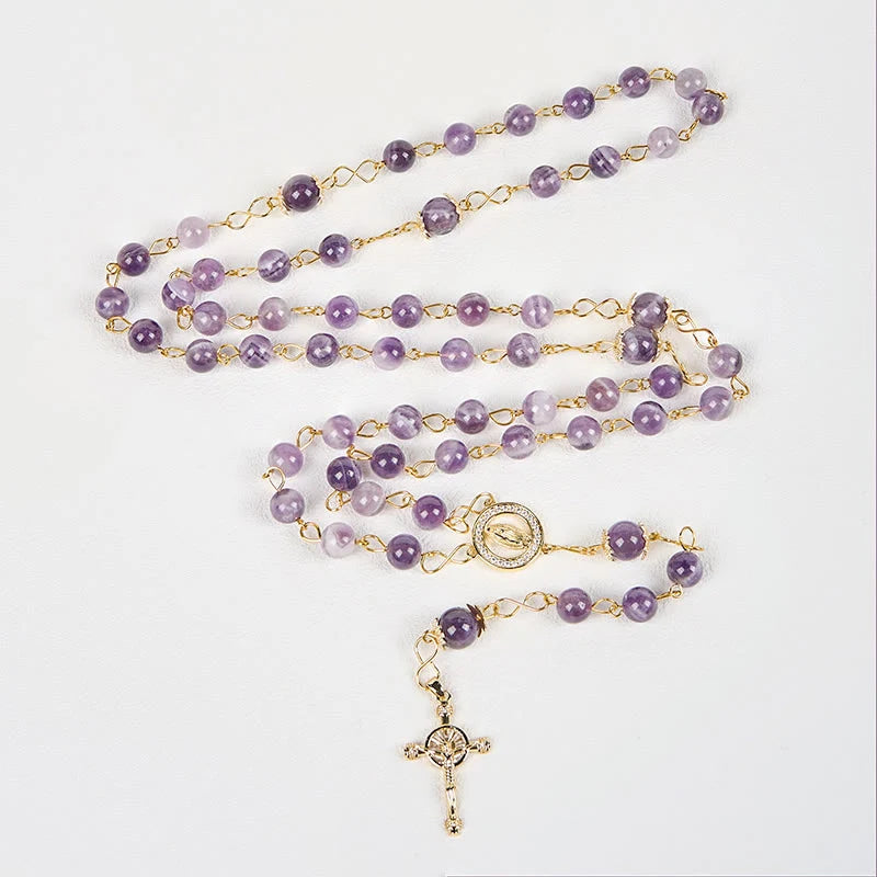 Rosario con cristallo rotondo viola dal diametro di 8 mm con immagine della Madonna di Guadalupe e crocifisso