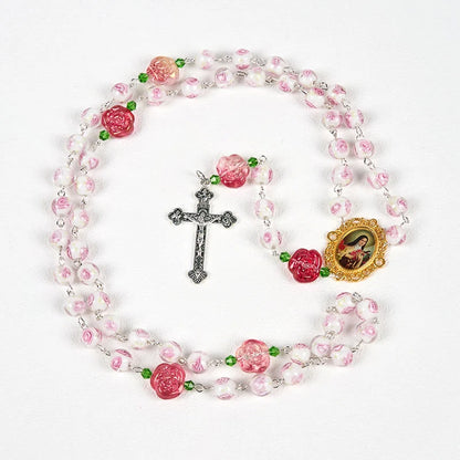 Medaglietta di Santa Teresa e crocifisso in rosa e avorio da 8 mm, rosario dall'eleganza floreale – scopri la grazia e la bellezza della fede
