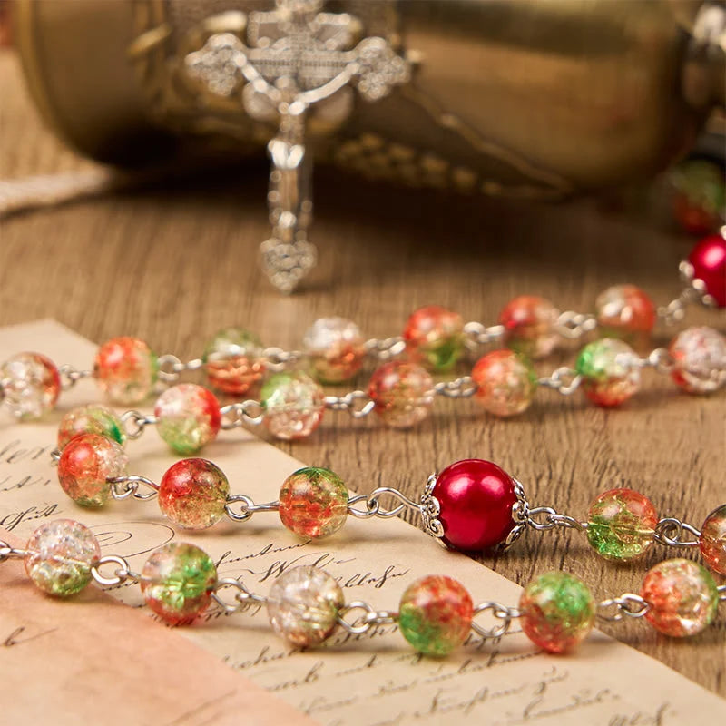 Medaglietta del Sacro Cuore di Gesù e del Matrimonio con grani tondi del rosario in vetro arancione e verde da 8 mm
