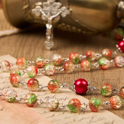 Medaglietta del Sacro Cuore di Gesù e del Matrimonio con grani tondi del rosario in vetro arancione e verde da 8 mm