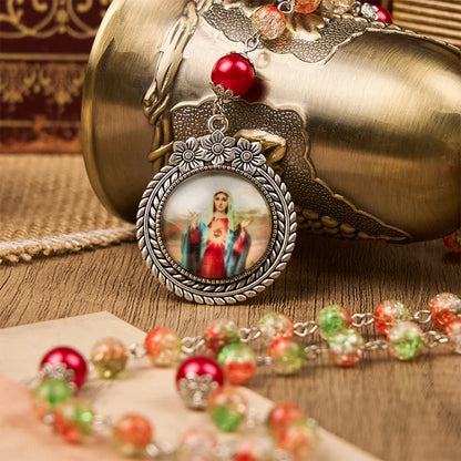 Medaglietta del Sacro Cuore di Gesù e del Matrimonio con grani tondi del rosario in vetro arancione e verde da 8 mm