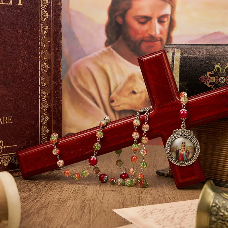 Medaglietta del Sacro Cuore di Gesù e del Matrimonio con grani tondi del rosario in vetro arancione e verde da 8 mm