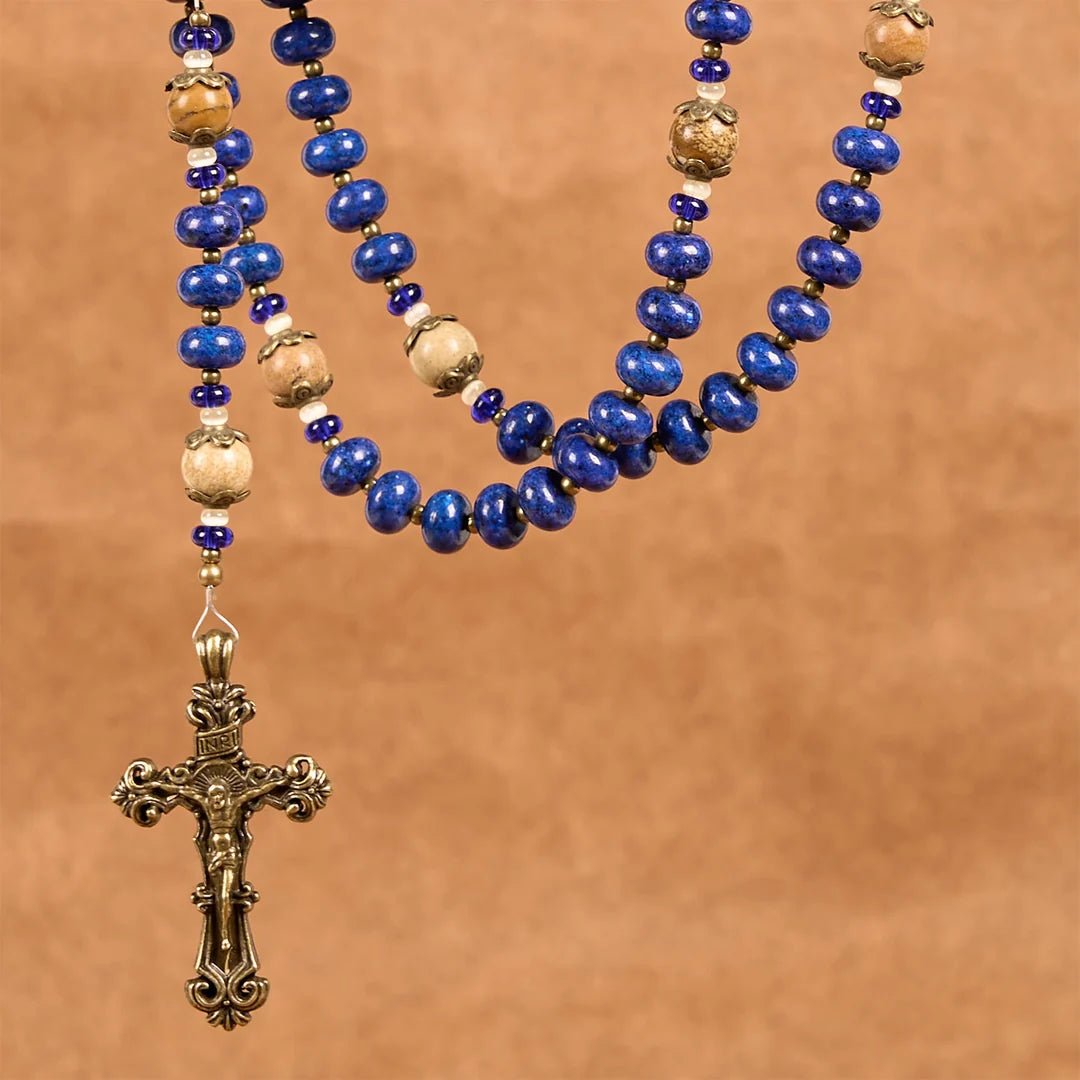 Medaglione fatto a mano e crocifisso di Santa Teresa di Lisieux, 8*10 mm, oblato, rosario in lapislazzuli e pietra mappa