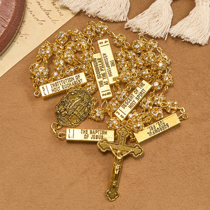 Rosario con immagine della Madonna di Fatima e crocifisso, rotondo, 8 mm, in lega metallica dorata e pietre preziose
