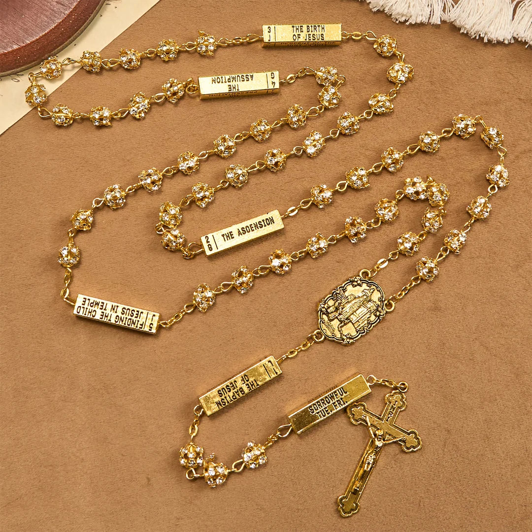 Rosario con immagine della Madonna di Fatima e crocifisso, rotondo, 8 mm, in lega metallica dorata e pietre preziose