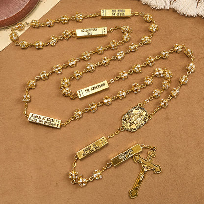 Rosario con immagine della Madonna di Fatima e crocifisso, rotondo, 8 mm, in lega metallica dorata e pietre preziose