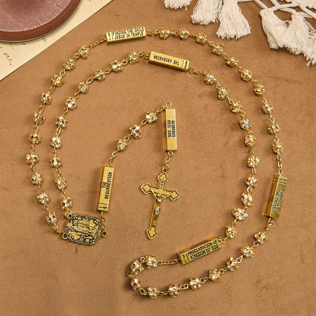 Rosario con immagine della Madonna di Fatima e crocifisso, rotondo, 8 mm, in lega metallica dorata e pietre preziose
