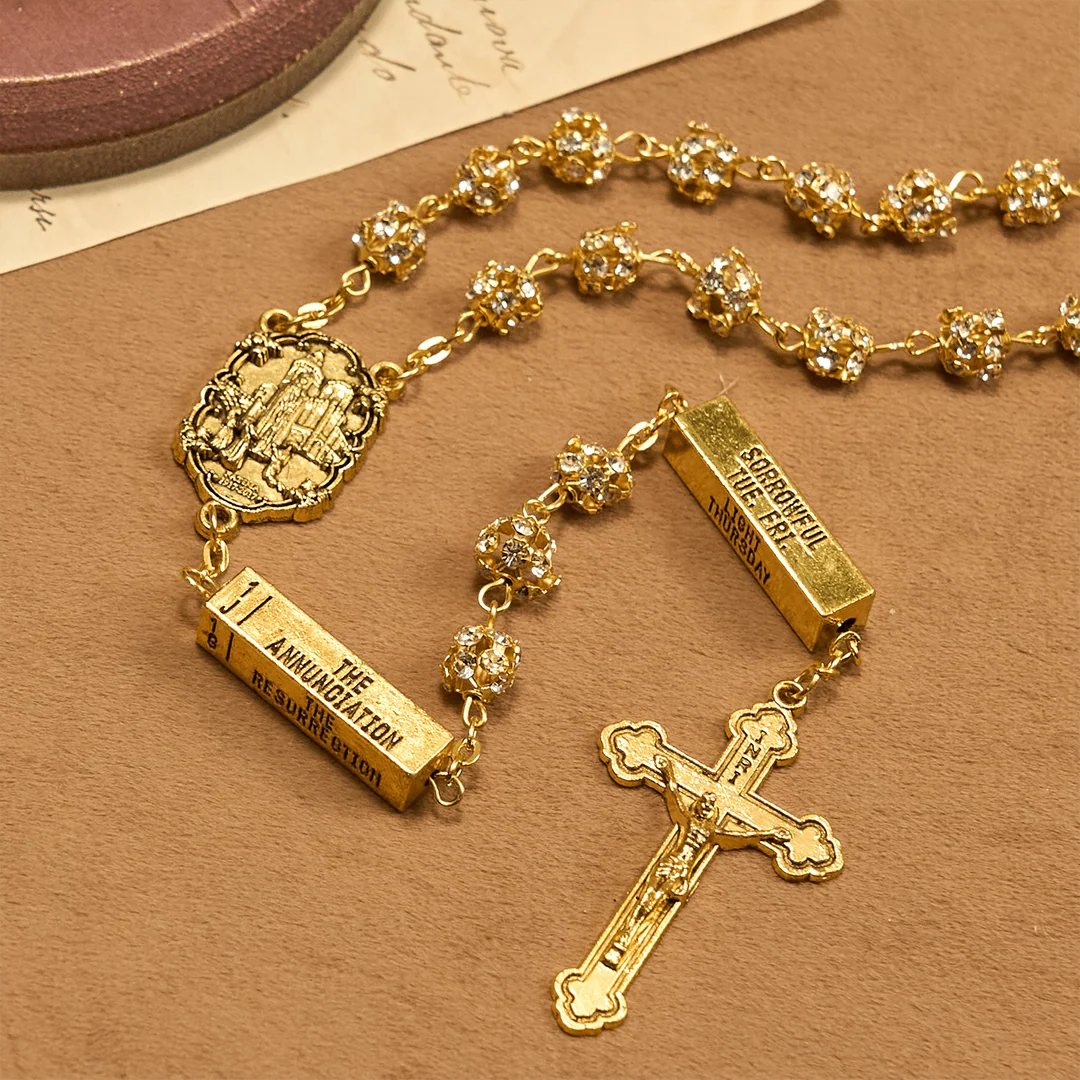 Rosario con immagine della Madonna di Fatima e crocifisso, rotondo, 8 mm, in lega metallica dorata e pietre preziose