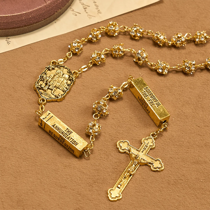 Rosario con immagine della Madonna di Fatima e crocifisso, rotondo, 8 mm, in lega metallica dorata e pietre preziose