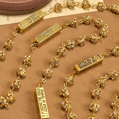 Rosario con immagine della Madonna di Fatima e crocifisso, rotondo, 8 mm, in lega metallica dorata e pietre preziose