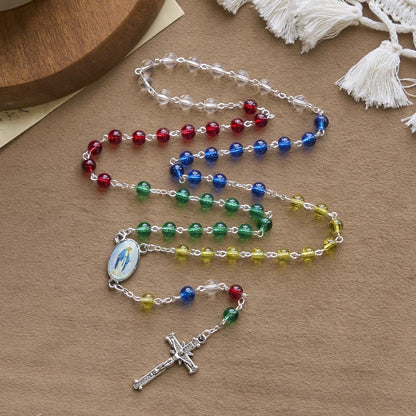 FEDE IN PREGHIERA: Rosario trasparente multicolore da 6 mm con grani arcobaleno e carta regalo