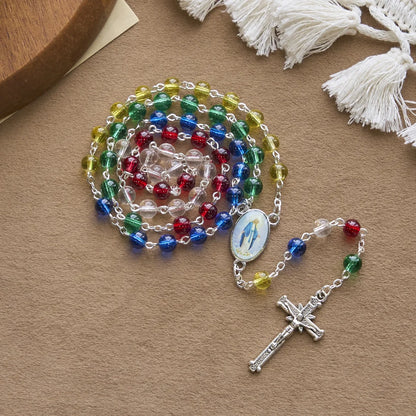 FEDE IN PREGHIERA: Rosario trasparente multicolore da 6 mm con grani arcobaleno e carta regalo