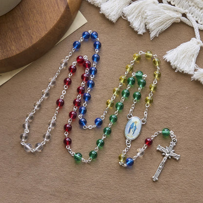 FEDE IN PREGHIERA: Rosario trasparente multicolore da 6 mm con grani arcobaleno e carta regalo