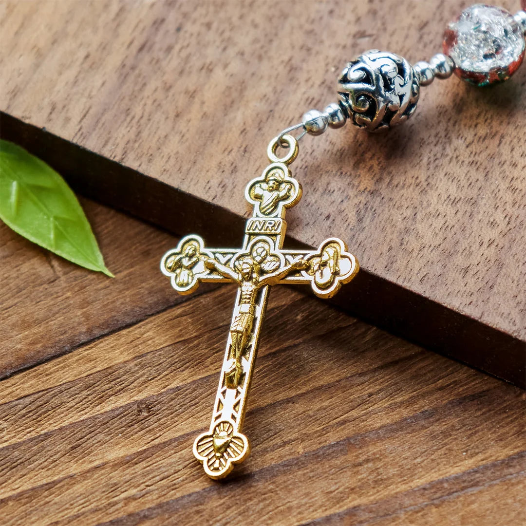 Rosario in vetro sfumato multicolore con crocifisso in ottone e medaglia della Divina Misericordia